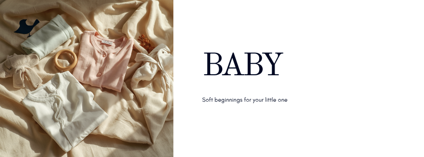 Baby age banner with editorial flat-lay of soft knits and teether