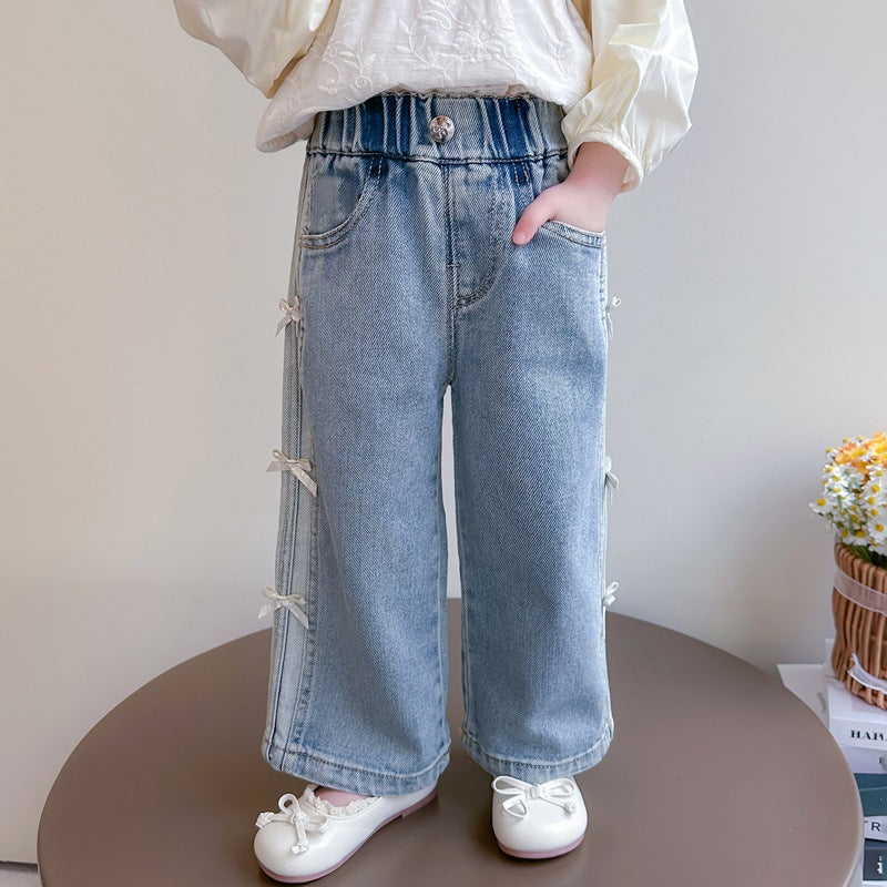 Girls' Denim Wide-Leg Pants with Bow
