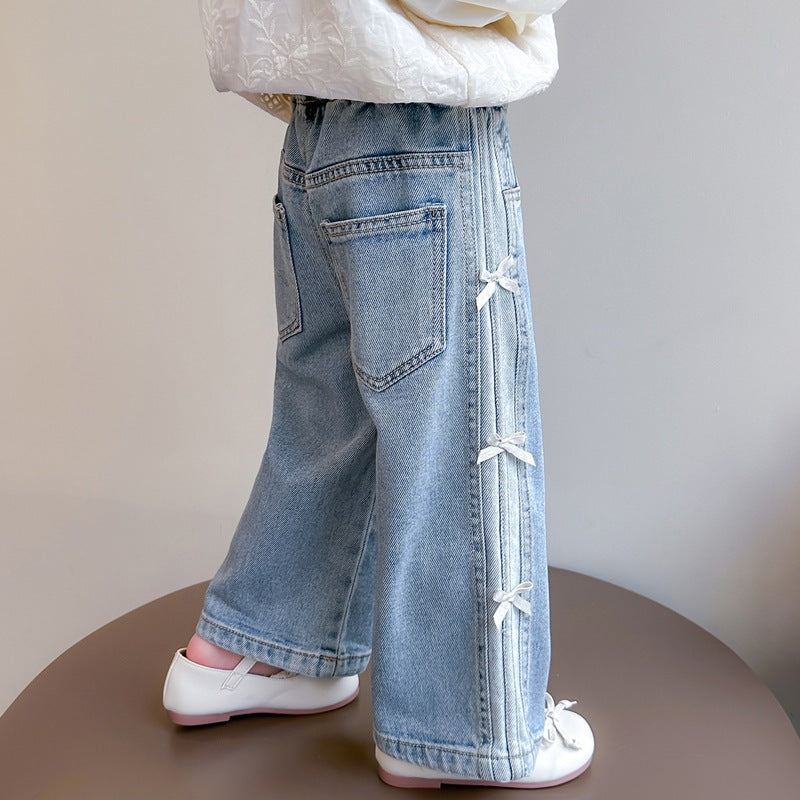 Girls' Denim Wide-Leg Pants with Bow