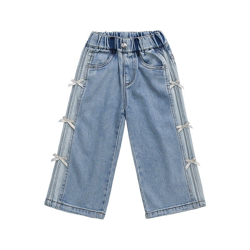 Girls' Denim Wide-Leg Pants with Bow