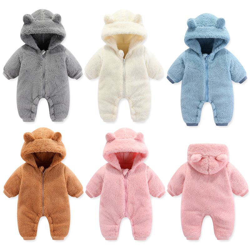 Baby Coral Fleece Hooded Zip Onesie