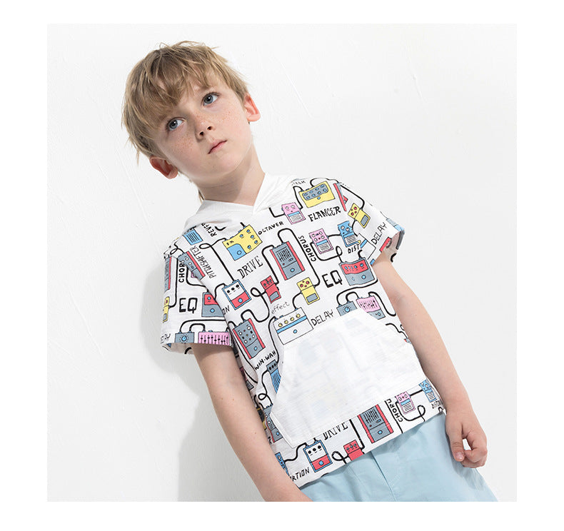 Boys' Cartoon Hooded Short-Sleeve Tee