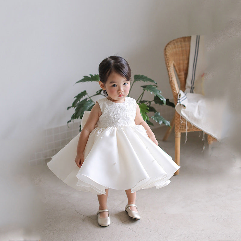 Girls' White Mesh Flower Girl Dress