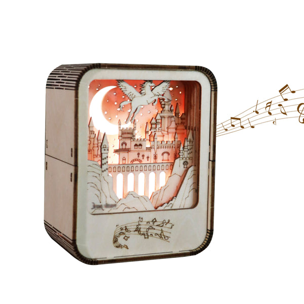 3D Wooden Castle Music Box with Night Light
