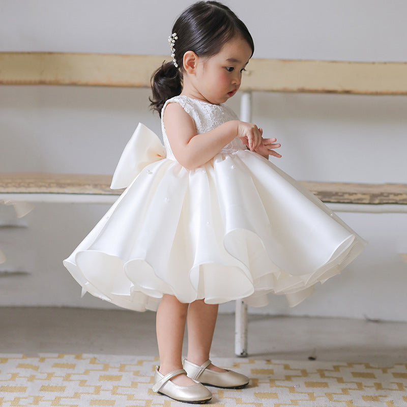 Girls' White Mesh Flower Girl Dress