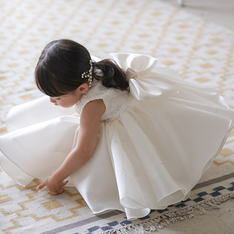 Girls' White Mesh Flower Girl Dress