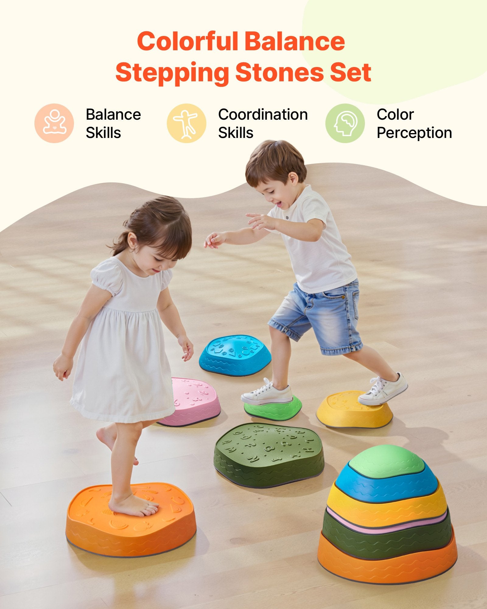 Balance Stepping Stones For Kids, 6 PCS, Up To 220 Lbs, Non-Slip Toddlers Sensory Stepping Stones, Obstacle Course Coordination Game Toys Indoor Or Outdoor Play For Children Aged 3 4 5 6 7 8+