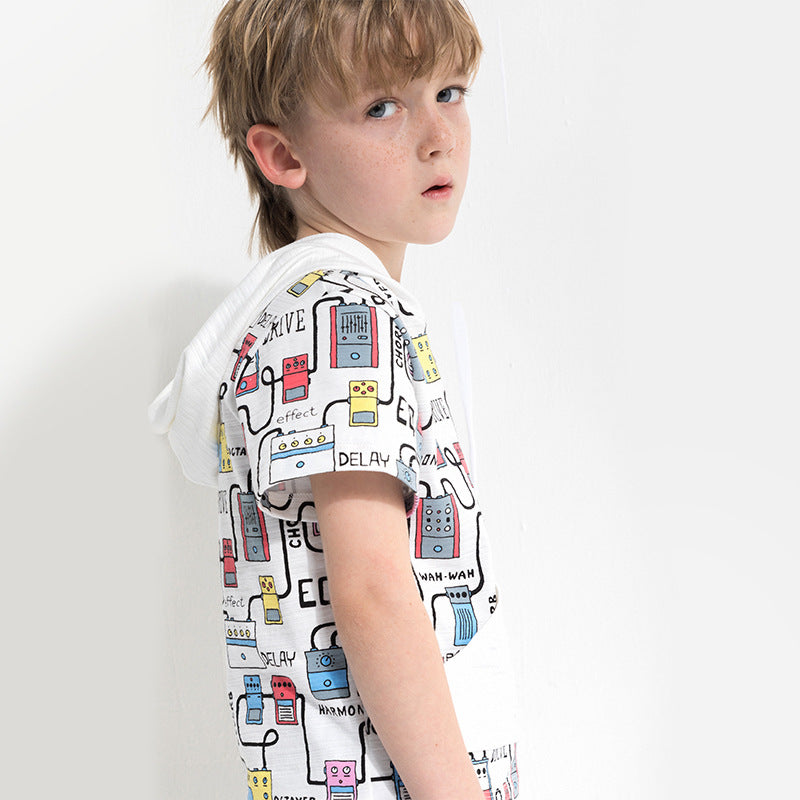 Boys' Cartoon Hooded Short-Sleeve Tee