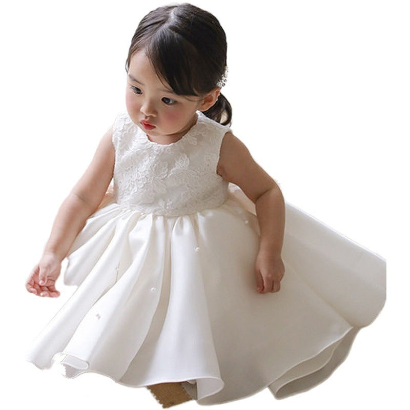 Girls' White Mesh Flower Girl Dress