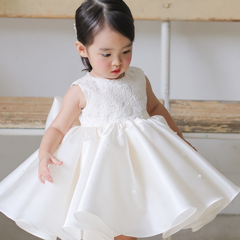 Girls' White Mesh Flower Girl Dress