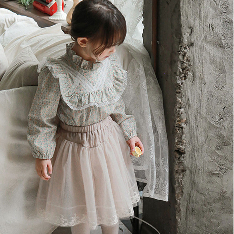 Girls' Floral Ruffle-Collar Blouse