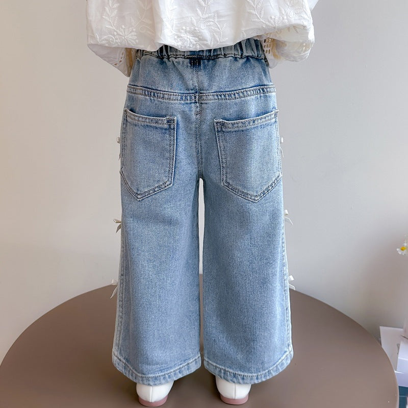 New Autumn Denim Wide-Leg Straight Pants With Bow For Kids