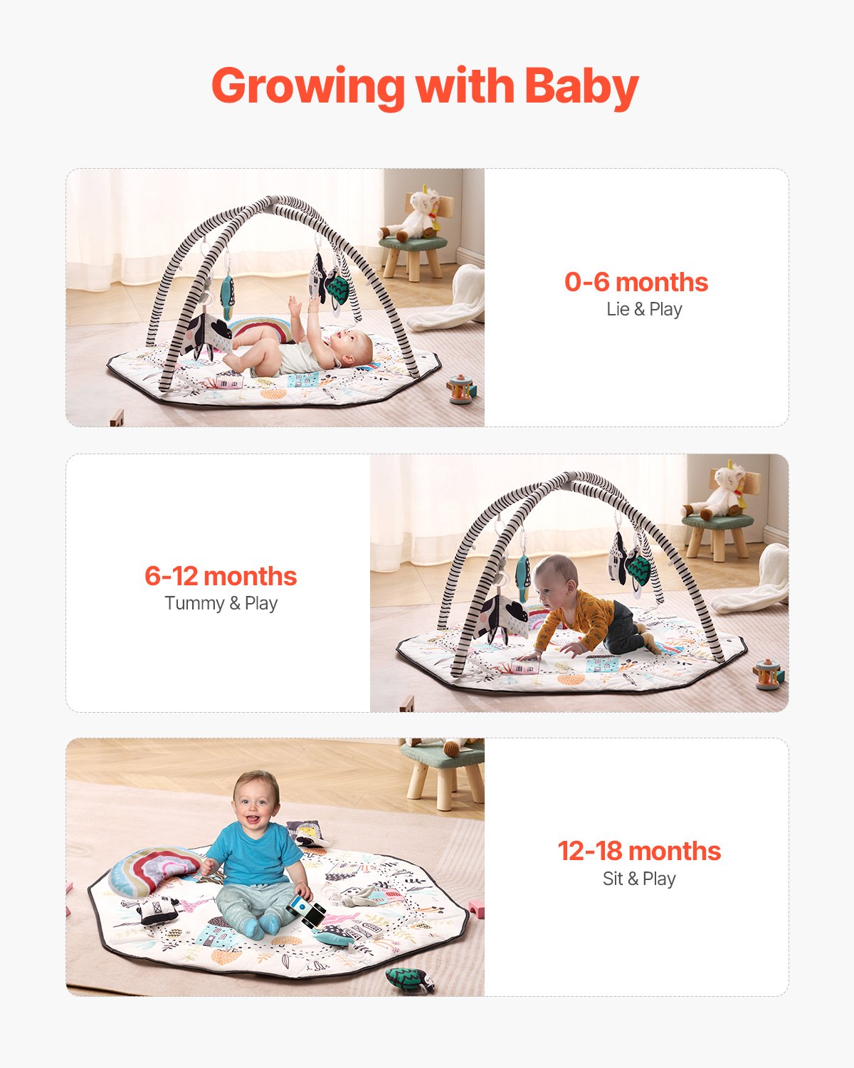 Large Baby Play Gym with 6 Sensory Toys