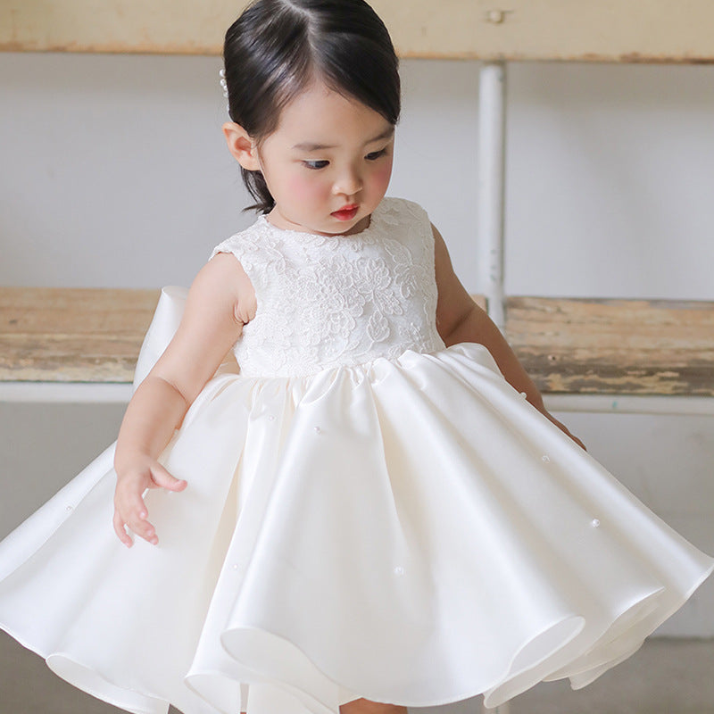 Girls' White Mesh Flower Girl Dress