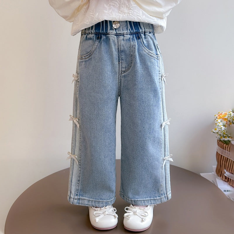 Girls' Denim Wide-Leg Pants with Bow